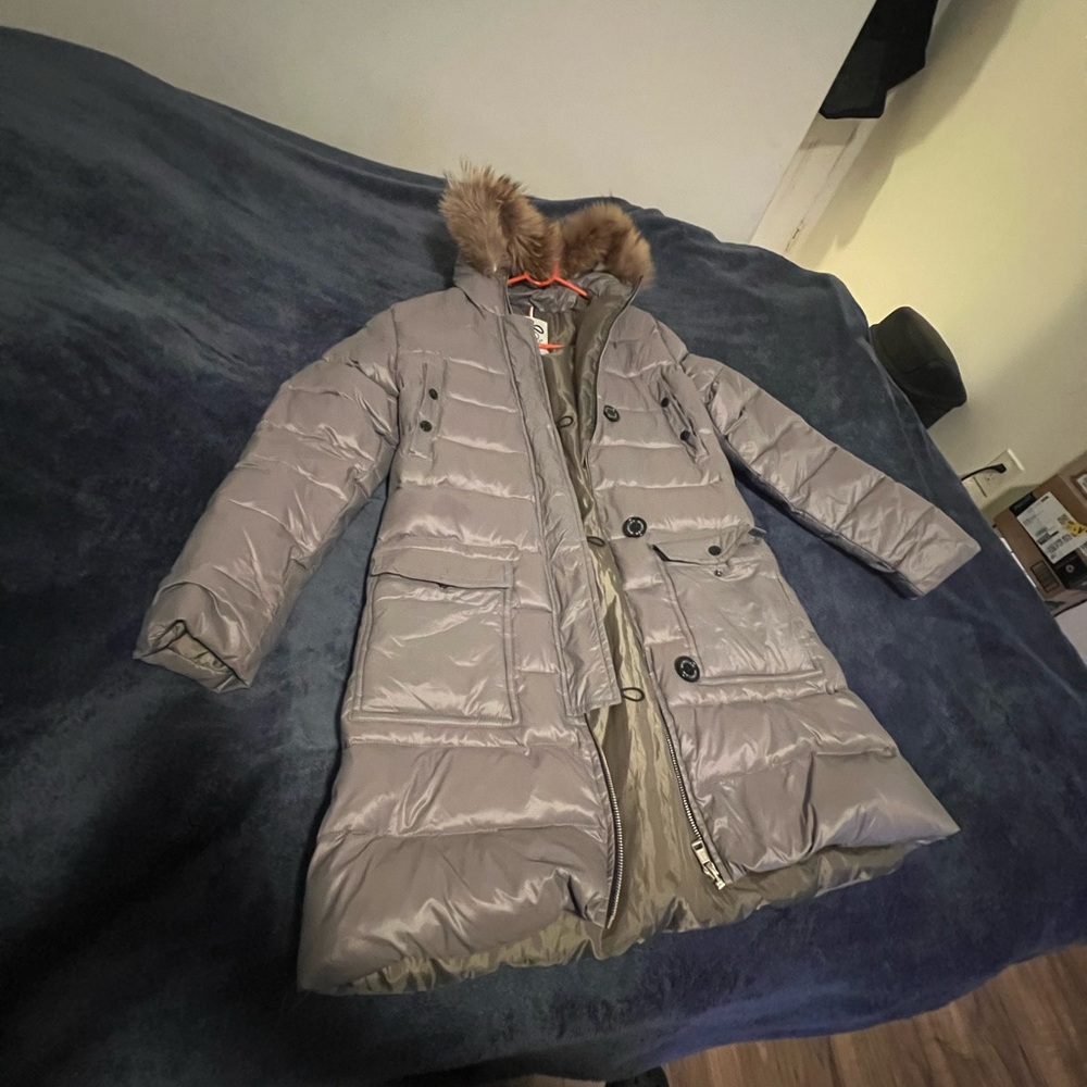 Moncler Silver Puffer Jacket with Fur Hood